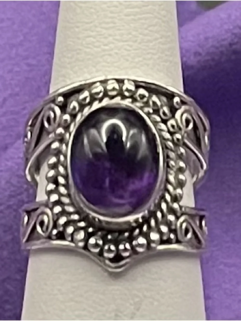 Vtg  SS  oval, amethyst statement, ring size 7 Boho wide band.   8.34  grams